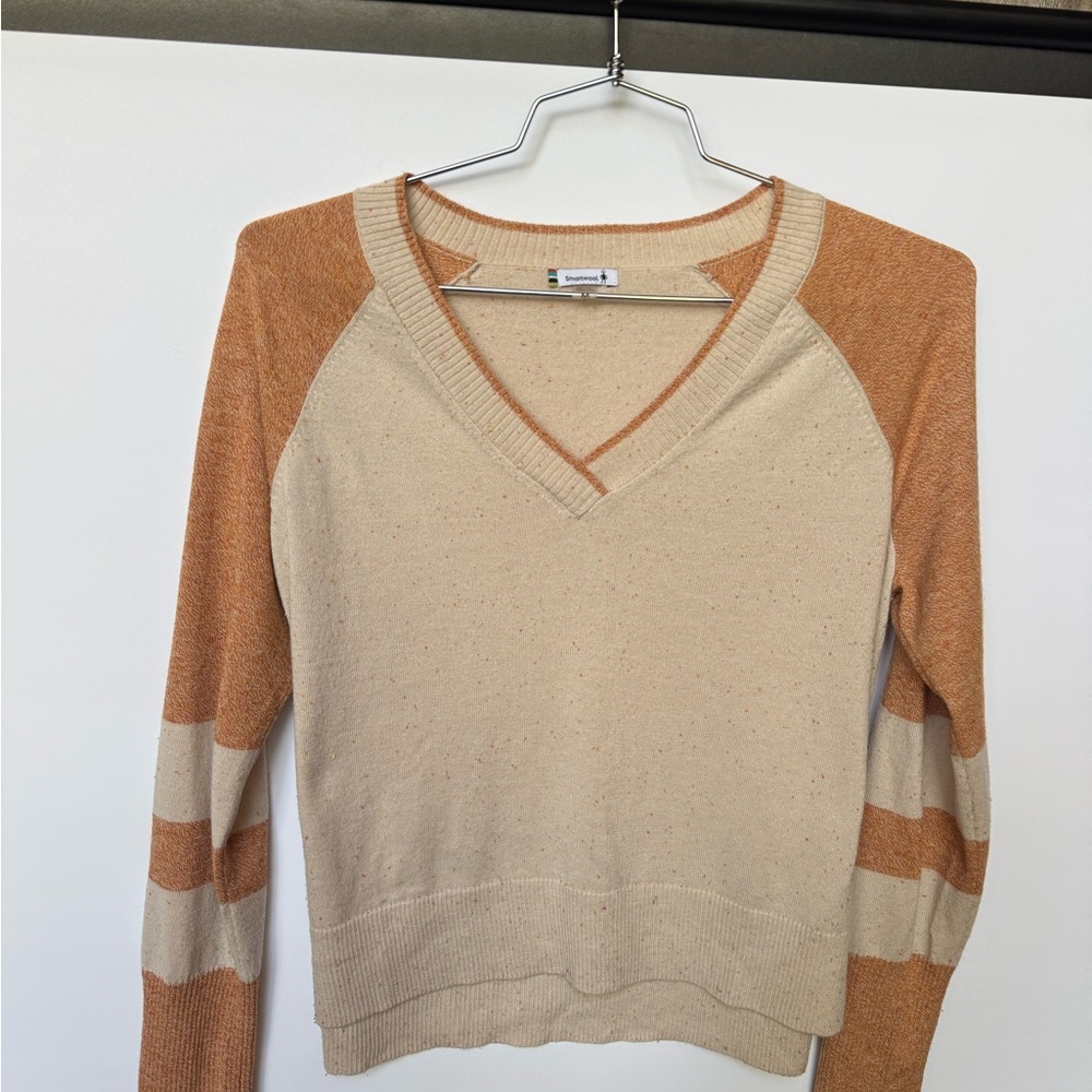 Smartwool V-Neck Colorblock Sweater - Cream & Tan